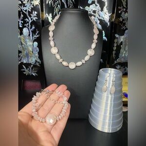 Handmade rose quartz necklace bracelet and earring set